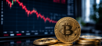 Moeda física do Bitcoin em primeiro plano diante de um gráfico de queda no mercado financeiro, enquanto o dólar sobe e aumenta a pressão sobre criptomoedas no cenário global.