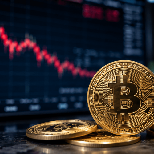 Moeda física do Bitcoin em primeiro plano diante de um gráfico de queda no mercado financeiro, enquanto o dólar sobe e aumenta a pressão sobre criptomoedas no cenário global.