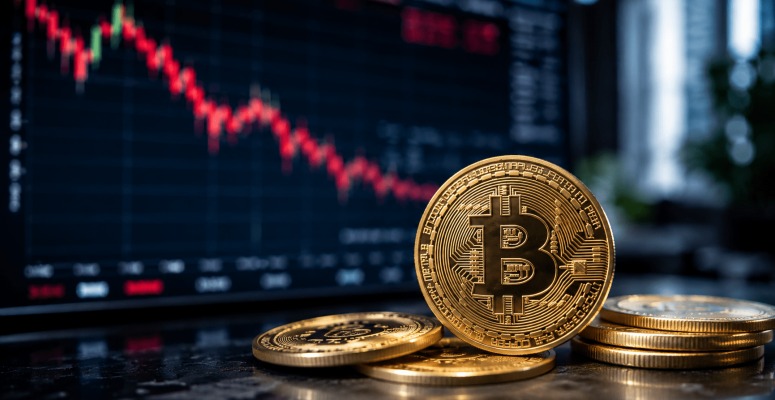Moeda física do Bitcoin em primeiro plano diante de um gráfico de queda no mercado financeiro, enquanto o dólar sobe e aumenta a pressão sobre criptomoedas no cenário global.