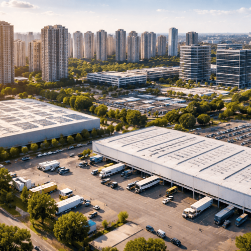 Vista aérea de um complexo industrial com galpões, caminhões estacionados e prédios comerciais e residenciais ao fundo, em área urbana arborizada.