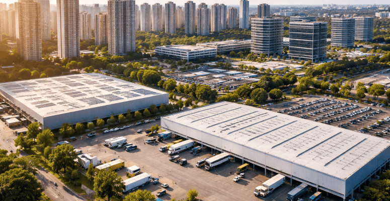 Vista aérea de um complexo industrial com galpões, caminhões estacionados e prédios comerciais e residenciais ao fundo, em área urbana arborizada.