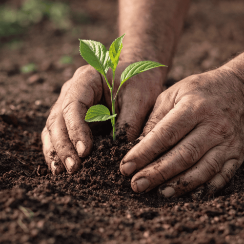 Mãos de uma pessoa plantando uma muda verde no solo escuro em ambiente natural, representando plantio e reflorestamento. 🌱