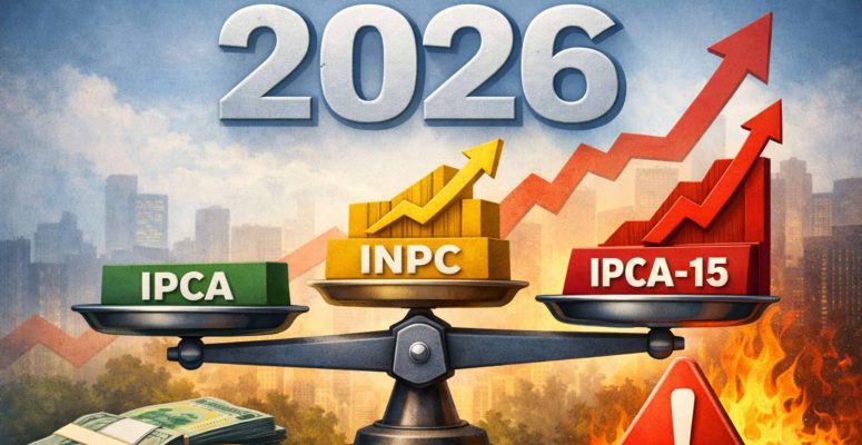 Ilustração sobre inflação em 2026 mostra balança com IPCA estável, INPC em alta e IPCA-15 disparando, com gráfico de crescimento ao fundo.