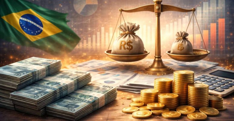 Imagem ilustrativa mostra pilhas de dinheiro, moedas e uma balança ao centro com a bandeira do Brasil ao fundo, representando a dívida pública e o equilíbrio fiscal.