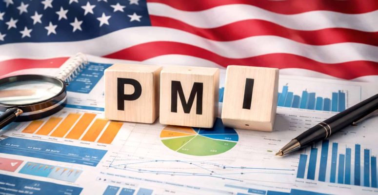 Blocos de madeira com as letras “PMI” sobre relatórios financeiros com gráficos e tabelas, ao fundo a bandeira dos Estados Unidos desfocada e uma caneta ao lado, representando dados da indústria americana.