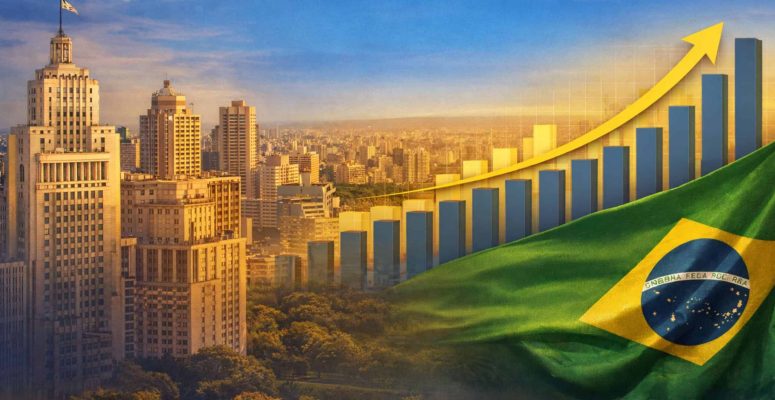 Ilustração de skyline urbano brasileiro ao pôr do sol, com prédios altos à esquerda, gráfico de barras ascendentes e seta apontando para cima ao centro, e bandeira do Brasil em destaque no canto direito, simbolizando crescimento econômico.