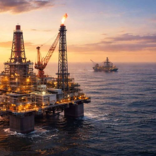 Plataforma de petróleo offshore iluminada ao pôr do sol, com torre de perfuração e chama ativa no topo, cercada pelo mar aberto e outras embarcações ao fundo sob céu alaranjado.
