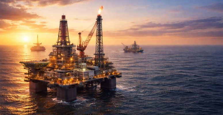 Plataforma de petróleo offshore iluminada ao pôr do sol, com torre de perfuração e chama ativa no topo, cercada pelo mar aberto e outras embarcações ao fundo sob céu alaranjado.