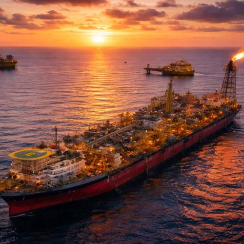 Plataforma de produção de petróleo em alto-mar ao pôr do sol, com um navio FPSO em primeiro plano e outras estruturas ao fundo, mar calmo refletindo tons alaranjados do céu.