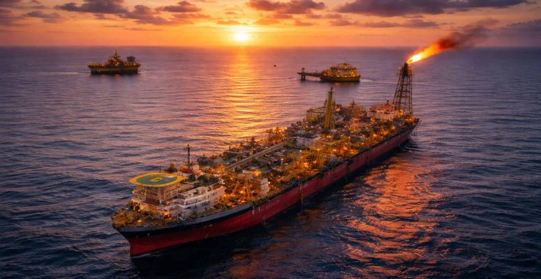 Plataforma de produção de petróleo em alto-mar ao pôr do sol, com um navio FPSO em primeiro plano e outras estruturas ao fundo, mar calmo refletindo tons alaranjados do céu.