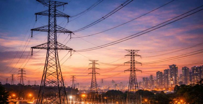 Linhas de transmissão de energia elétrica e torres de alta tensão próximas a uma subestação com skyline urbano ao fundo durante o pôr do sol.