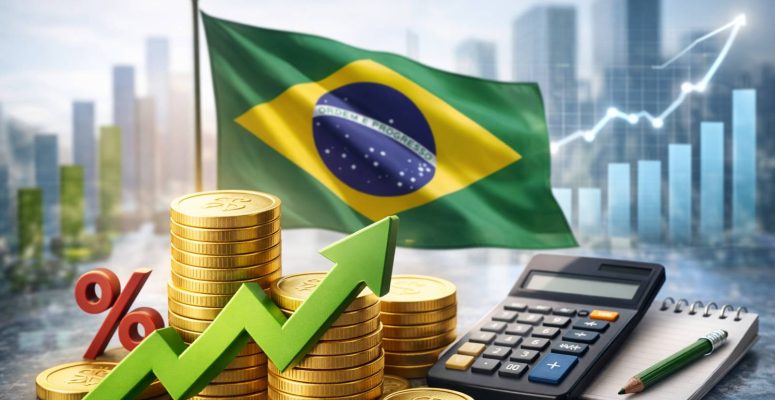 Pilha de moedas e calculadora sobre mesa com bandeira do Brasil ao fundo e gráfico de crescimento desfocado, representando a economia brasileira.