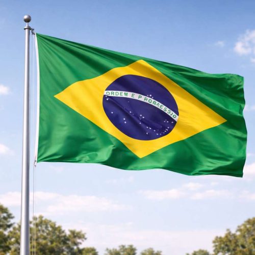Bandeira do Brasil tremulando em um mastro sob céu azul com nuvens, com o símbolo nacional em verde, amarelo e azul.