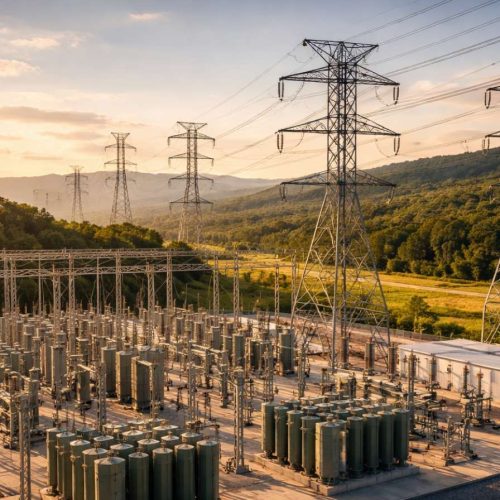 Subestação de energia elétrica com transformadores e torres de transmissão em área rural, cercada por vegetação e iluminada por luz do entardecer.