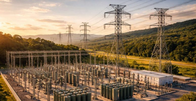 Subestação de energia elétrica com transformadores e torres de transmissão em área rural, cercada por vegetação e iluminada por luz do entardecer.