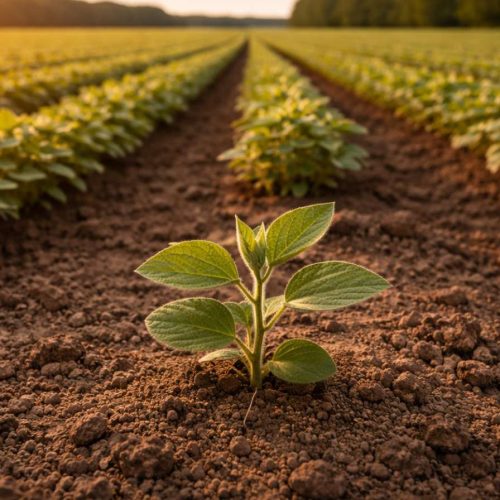 Planta jovem de soja em primeiro plano, com fileiras de cultivo ao fundo em uma lavoura iluminada pela luz do entardecer.