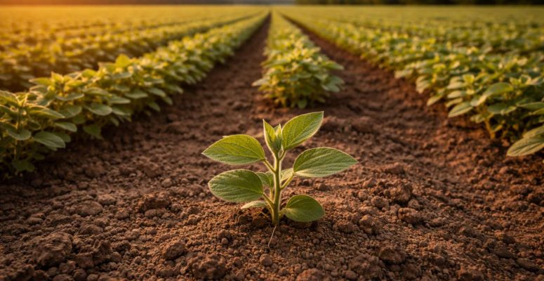 Planta jovem de soja em primeiro plano, com fileiras de cultivo ao fundo em uma lavoura iluminada pela luz do entardecer.
