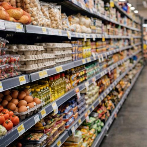 Prateleiras de supermercado com alimentos variados, incluindo ovos, vegetais, óleo e produtos embalados, em corredor iluminado e organizado.