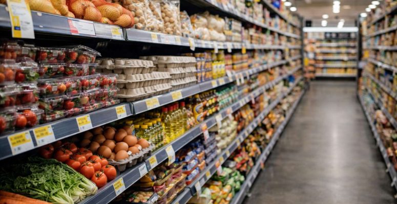 Prateleiras de supermercado com alimentos variados, incluindo ovos, vegetais, óleo e produtos embalados, em corredor iluminado e organizado.