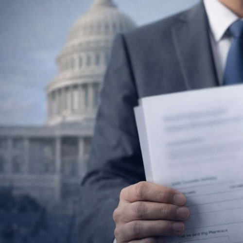 Homem de terno segurando documento com o Capitólio dos EUA ao fundo desfocado, representando os pedidos iniciais seguro-desemprego EUA e o mercado de trabalho americano.