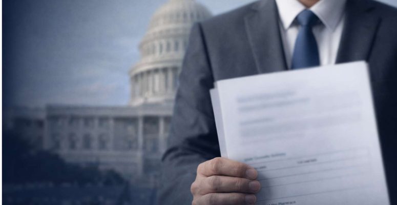 Homem de terno segurando documento com o Capitólio dos EUA ao fundo desfocado, representando os pedidos iniciais seguro-desemprego EUA e o mercado de trabalho americano.