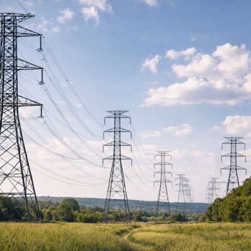 Linhas de transmissão de energia atravessando área rural sob céu azul, representando o setor elétrico no contexto de Eletrobras descruzamento participações.