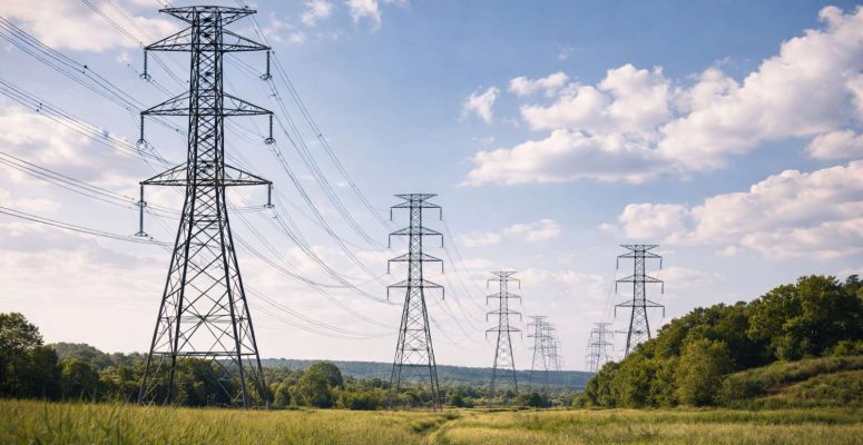 Linhas de transmissão de energia atravessando área rural sob céu azul, representando o setor elétrico no contexto de Eletrobras descruzamento participações.