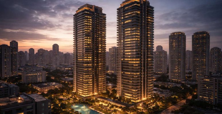 Cyrela resultados 4T25 prédios residenciais modernos iluminados ao entardecer em área urbana