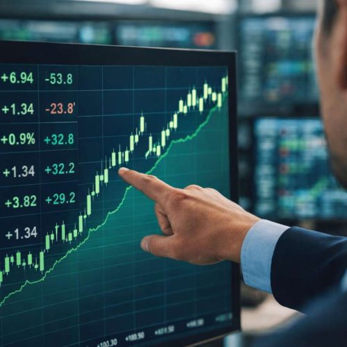 Profissional do mercado financeiro aponta gráfico de alta em tela com dados em tempo real enquanto o Ibovespa cai no dia, indicando contraste no mercado.