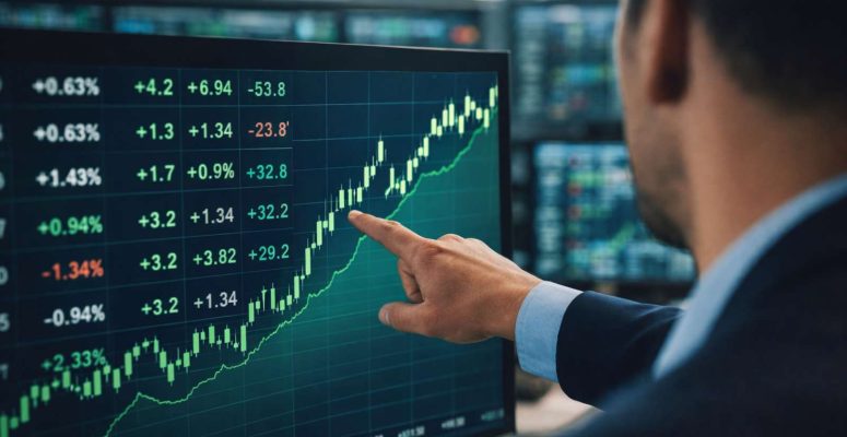 Profissional do mercado financeiro aponta gráfico de alta em tela com dados em tempo real enquanto o Ibovespa cai no dia, indicando contraste no mercado.