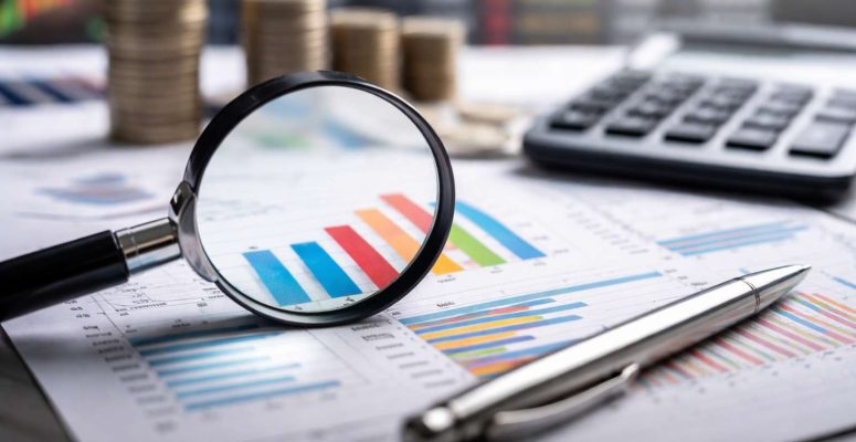 Análise de dados econômicos com gráficos e moedas em mesa de trabalho
