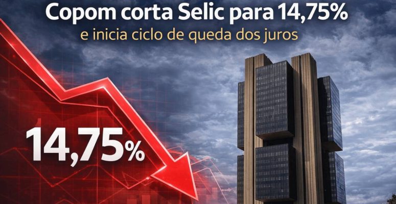 Copom Selic 14,75 com gráfico indicando queda da taxa de juros no Brasil