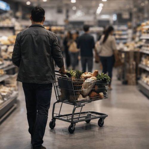 consumidor em supermercado empurrando carrinho cheio de compras, representando confiança do consumidor e comportamento de consumo