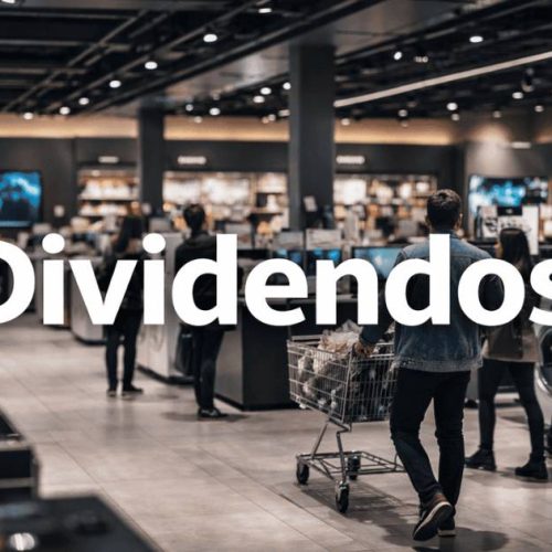 loja de eletrônicos com consumidores comprando e destaque para dividendos, representando Magazine Luiza dividendos e varejo brasileiro