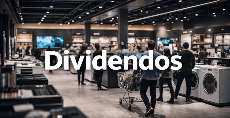 loja de eletrônicos com consumidores comprando e destaque para dividendos, representando Magazine Luiza dividendos e varejo brasileiro