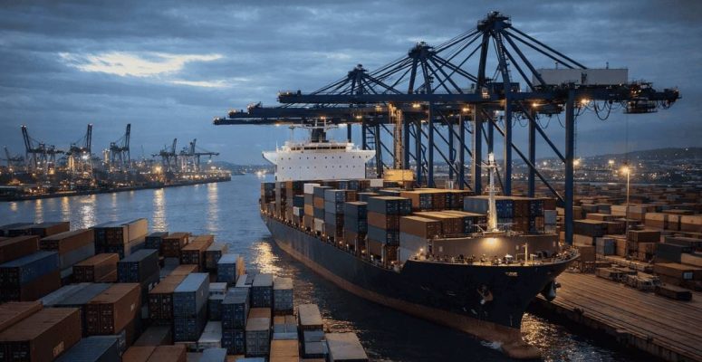 porto com navio cargueiro e containers representando preços de importação EUA e comércio internacional