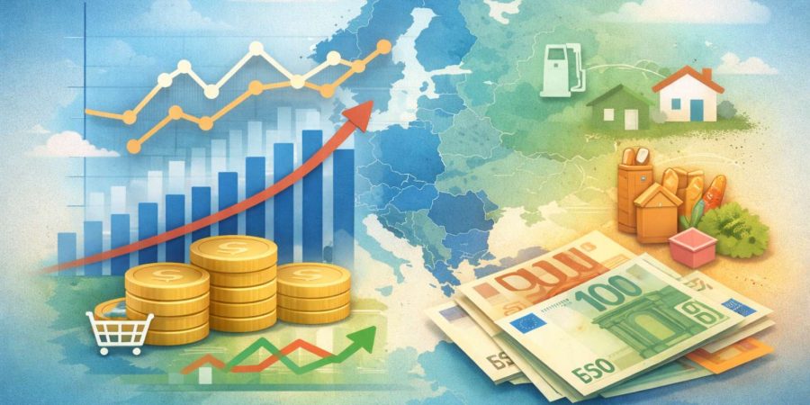 Infográfico da Europa mostrando inflação com gráficos, moedas e ícones de consumo, estilo moderno sem texto