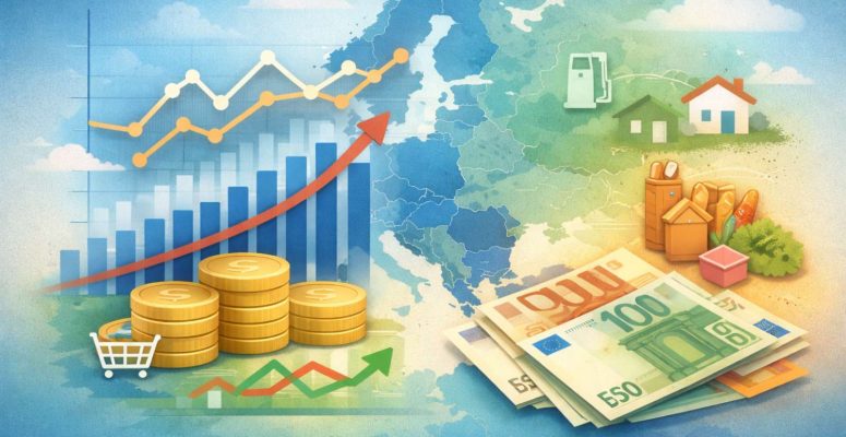 Infográfico da Europa mostrando inflação com gráficos, moedas e ícones de consumo, estilo moderno sem texto