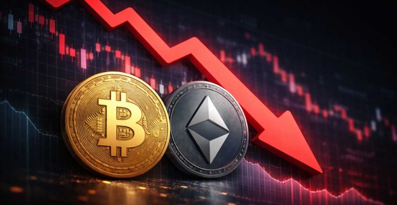 Bitcoin e Ethereum em queda com gráfico vermelho.