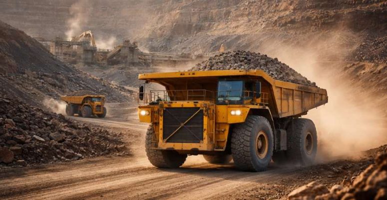 Caminhão de grande porte transportando minério de ferro em área de mineração a céu aberto