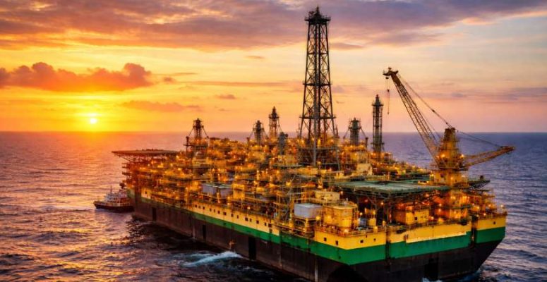Plataforma da Petrobras operando no pré-sal brasileiro ao pôr do sol, representando o aumento das reservas provadas em 2025.