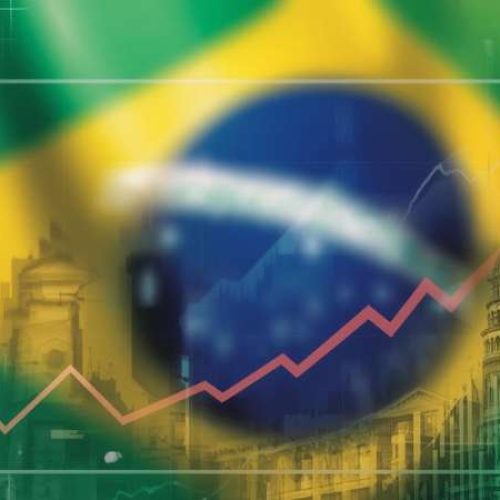 Ilustração representando o mercado financeiro brasileiro com gráficos abstratos e elementos econômicos em tons de azul e verde.