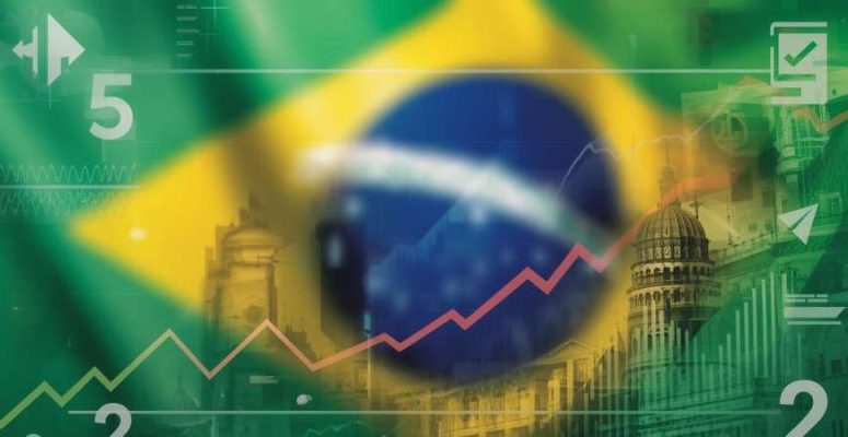 Ilustração representando o mercado financeiro brasileiro com gráficos abstratos e elementos econômicos em tons de azul e verde.