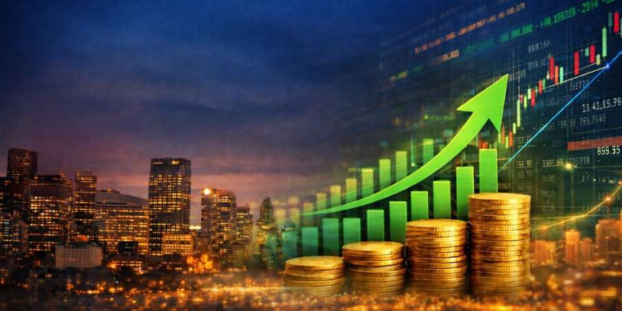 Ilustração de cenário financeiro com pilhas de moedas em crescimento e gráfico ascendente ao fundo, representando melhora de desempenho econômico.
