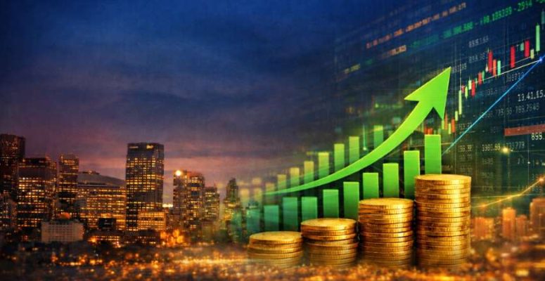 Ilustração de cenário financeiro com pilhas de moedas em crescimento e gráfico ascendente ao fundo, representando melhora de desempenho econômico.
