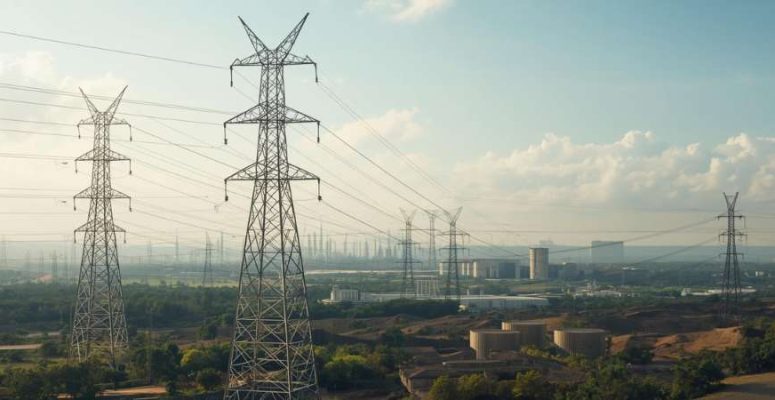 Infraestrutura do setor elétrico com torres de transmissão e usinas, representando operações financeiras e investimentos em energia.