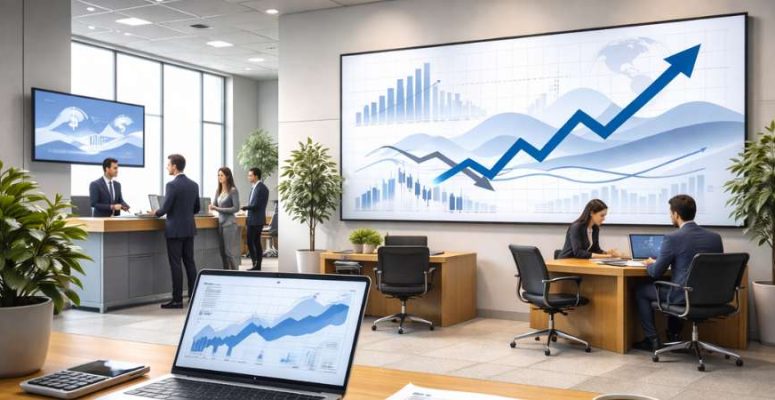 Imagem de ambiente bancário representando dados econômicos do Relatório Focus divulgados pelo Banco Central.
