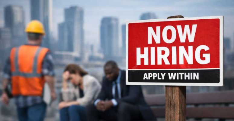 Placa “Now Hiring” em vitrine comercial, simbolizando o mercado de trabalho nos Estados Unidos e a busca por trabalhadores.