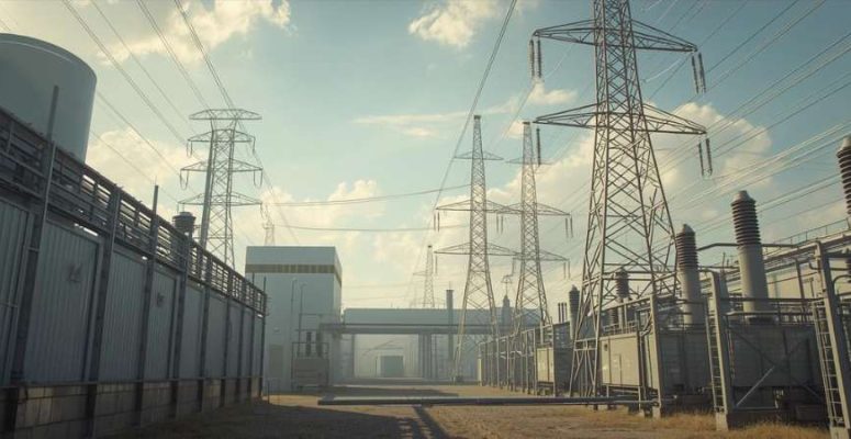 Usina elétrica com estruturas industriais e equipamentos de geração de energia em ambiente externo