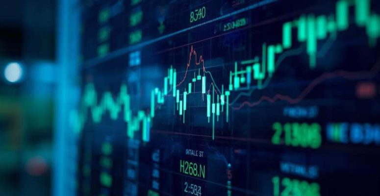"Telão de mercado financeiro mostrando gráficos de ações em alta e números de volume, representando o crescimento do mercado na B3 em janeiro de 2026."